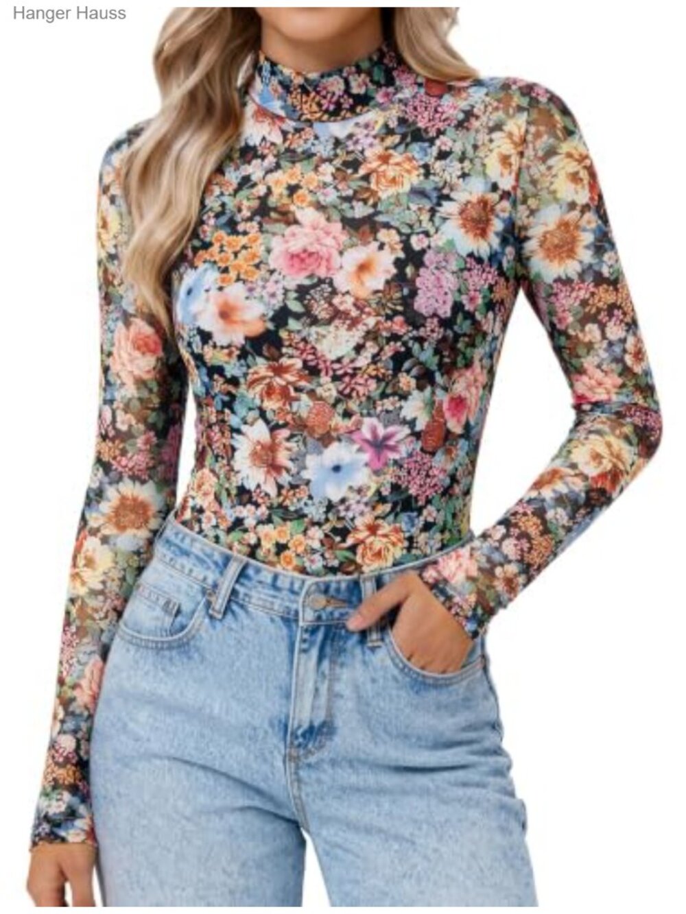 Womens Long Sleeve Mock Neck Mesh Bodysuit Snap Closure Stretch